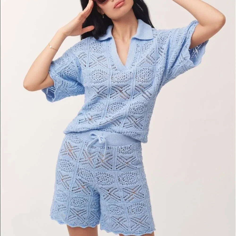 Mango SET Oversized Crochet Sweater & Shorts Blue Size Small